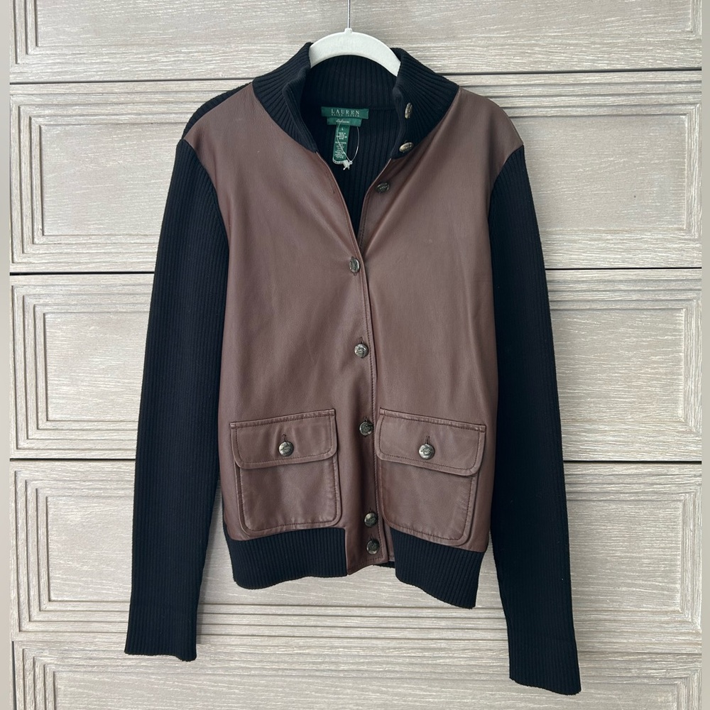 Lauren Ralph Lauren Brown Faux Leather Dark Navy (Black) Knit Cardigan - Picture 9 of 12